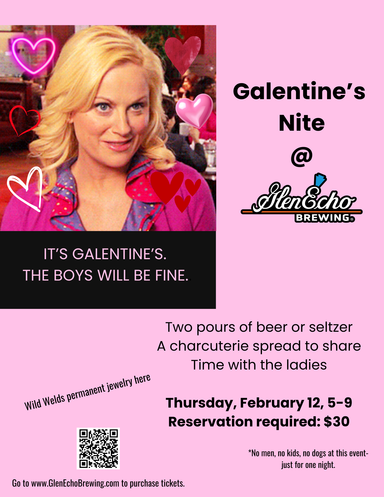 pink flyer for Galentines event at brewery in wylie
